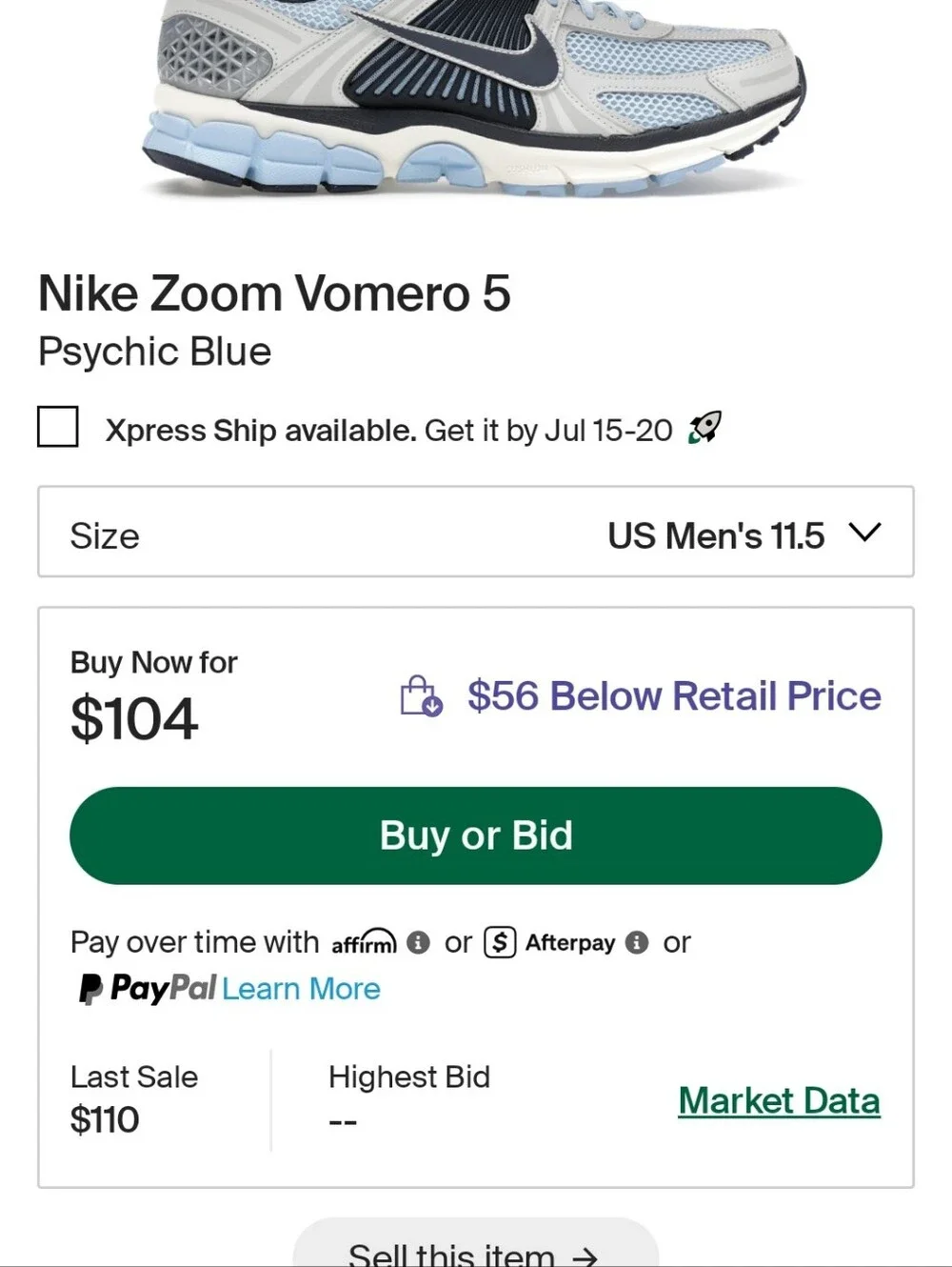 Nike Zoom Vomero 5 Mens 'Psychic Blue' Sz 11.5M/13W (FB9149-402) Pre-owned